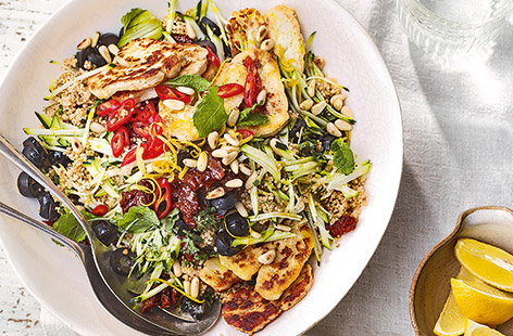 This colourful summer salad needs minimum cooking and is filled with maximum Mediterranean flavours - crispy halloumi, glossy olives and sweet sun dried tomatoes.