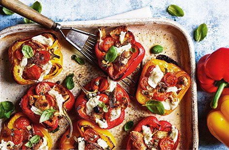 This simple stuffed peppers recipe has been given a refreshing Italian twist with tangy tomatoes, anchovies and creamy mozzarella for a colourful family lunch or dinner