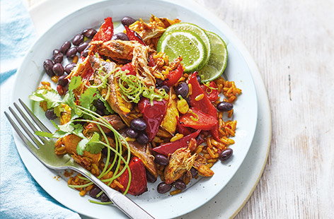 With a rainbow of veg and fiery Mexican-flavours, this mackerel rice bowl with black beans, sweet potato and red pepper is ideal for brightening up family dinnertime