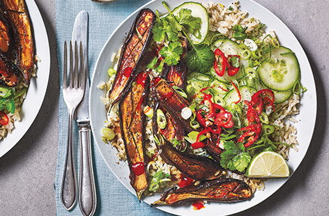 Rice bowls are a great way to pack colourful veg into your cooking and this sweet and sticky miso aubergine version is no exception