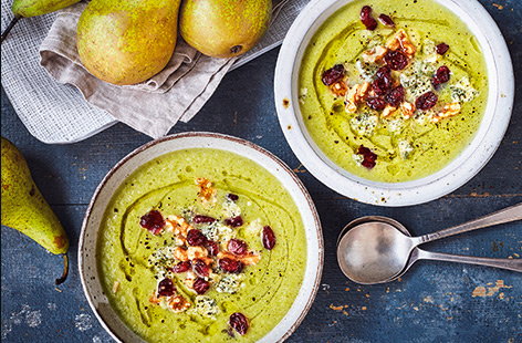 Seasonal Conference pears, melt-in-the-mouth blue cheese and tart cranberries combine to make a vibrant bowl of broccoli soup that tastes as good as it looks.