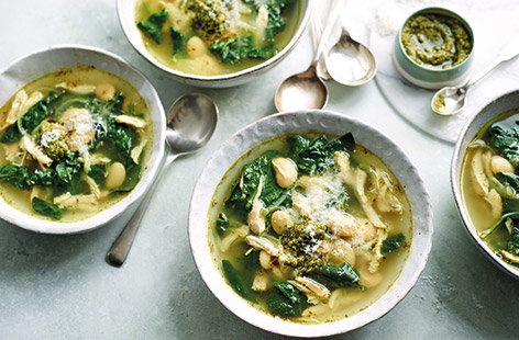 Forget hours of simmering, this simple chicken soup recipe is ready in under half an hour – showing just how quick and easy homemade soup can be. Soothe the soul with a bowl filled with tender poached chicken, butter beans and spinach in a herby broth.