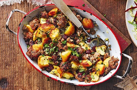 Leftover crispy roast potatoes and stuffing are great for turning into a quick and easy hash that's the ideal dish for Boxing Day feasting