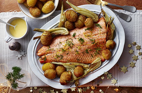 Roast salmon with hasselback potatoes and beurre blanc