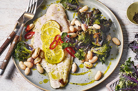 This quick fish recipe is gluten- and dairy-free and made with seasonal kalettes, beans and flaky basa fillets