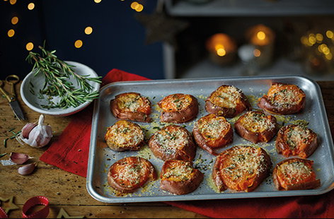 Smashed garlic and Parmesan sweet potatoes