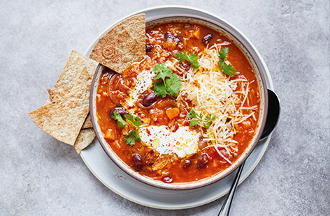 Jamie Oliver puts a vegetarian twist on classic chilli con carne, and packs Mexican flavours into a warming soup.