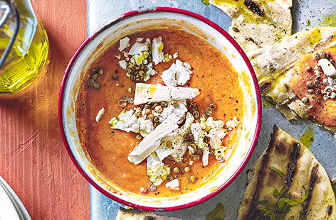 Blitz together this vibrant red pepper and feta dip for an easy summer snack. Sweet roasted red peppers, creamy cannellini beans and salty crumbled feta are an irresistible combination – serve with flatbreads or crudités for a simple starter or snack.