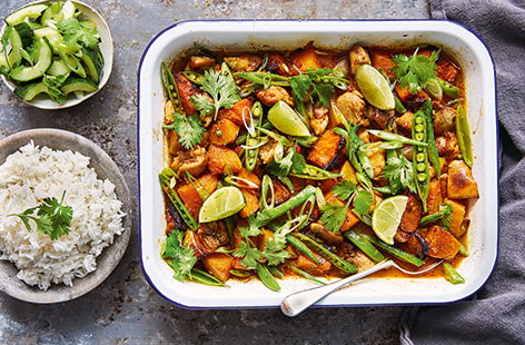 Jamie Oliver's tasty traybake features Thai-spiced chicken and pumpkin, and is totally dairy- and gluten-free.