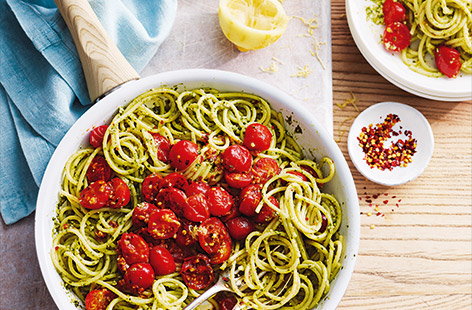 When it comes to quick and easy dinners it doesn't get more simple – or satisfying – than pesto pasta. This tomato and pesto spaghetti recipe, redolent with lemon, chilli and garlic, can be on your table in as little as 20 minutes.