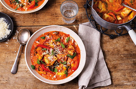 Make a packet of pasta go further with this colourful tortellini vegetable soup. A super-creamy tomato soup is filled with spinach, sweet red peppers and cheesy tortelloni pasta for a hearty and healthy one-pot meal.