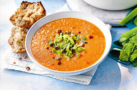 Channel the classic flavour of a Bloody Mary in this vibrant tomato soup recipe. With a celery and tomato base, and a hit of Worcestershire sauce and Tobasco, it's a light but lively lunch idea