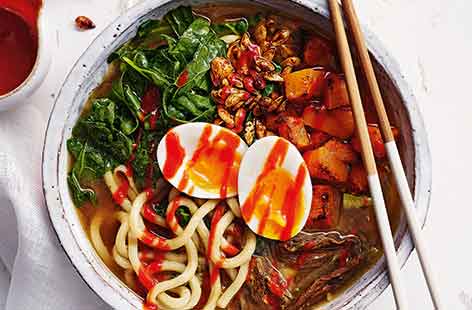 Make the most of an entire butternut squash in this fragrant vegetarian ramen. The butternut squash flesh is roasted until caramelised before being added to the ramen stock, whilst the seeds get a sticky soy sauce coating for a crunchy finish.