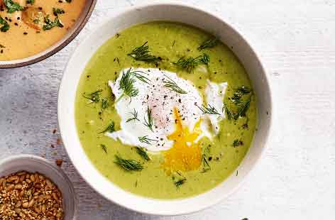 For a wallet-friendly, healthy lunch, try this fresh pea and lettuce soup. Save lettuce from languishing in the veg drawer and pair witih sweet peas, topped with a creamy poached egg for added protein