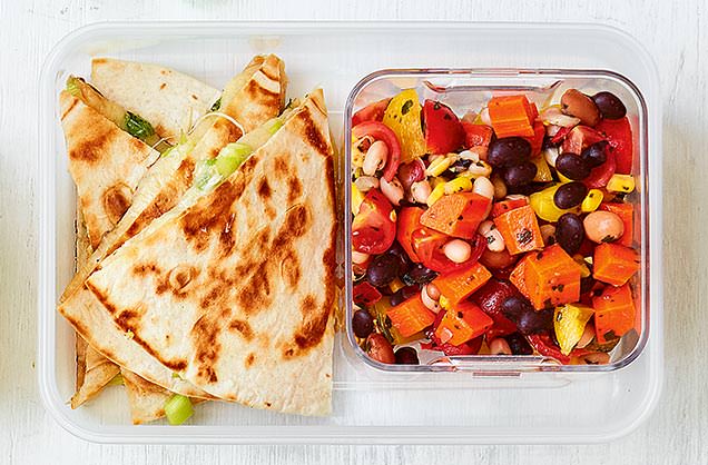 Cheesy quesadilla with rainbow salad