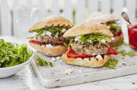 Packed with black olives, tangy feta and fragrant oregano, these Greek-inspired lamb burgers will make a welcome addition to any summer barbecue. They're simple to prepare and take less than 10 minutes to cook