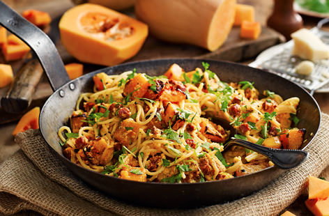 Add a depth of colour and sweetness to dinner with soft, golden butternut squash. Chunky pieces of the veg and spicy chorizo are stirred into a delicious creamy sauce, and poured over a generous serving of spaghetti