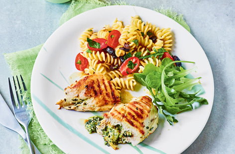 Special enough for a weekend dinner party but easy enough for a midweek meal, these healthy pesto and mozzarella stuffed chicken breasts pack a flavour punch. 