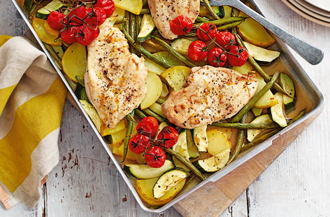 Chicken traybake with vine tomatoes and courgettes