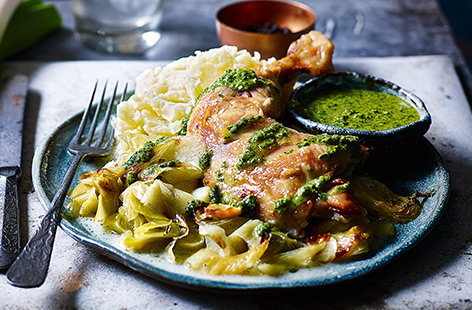 Creamy leeks with roast chicken and salsa verde