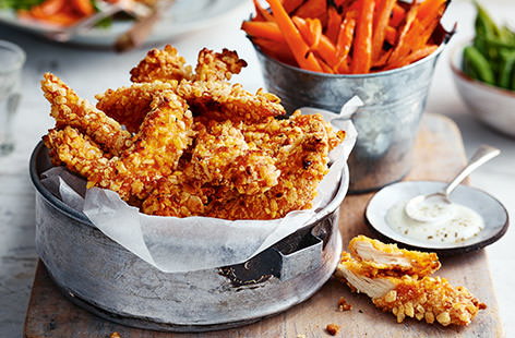 Crunchy chicken goujons with carrot 