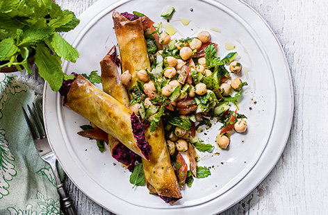 For a smart new vegetarian main, try these crisp filo parcels filled with colourful beetroot, spinach and goat’s cheese. Serve with the herby tabbouleh salad, a classic Middle-Eastern dish.