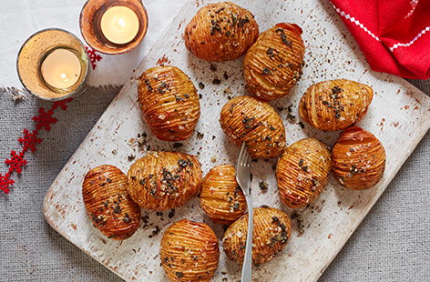 Sage and rainbow peppercorn hasselback potatoes