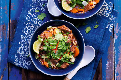 Perfect for cosying up with on cold winter evenings, this gorgeous Asian-inspired noodle soup is loaded with succulent beef steak, fragrant herbs, rich spices and a delicate yet aromatic broth