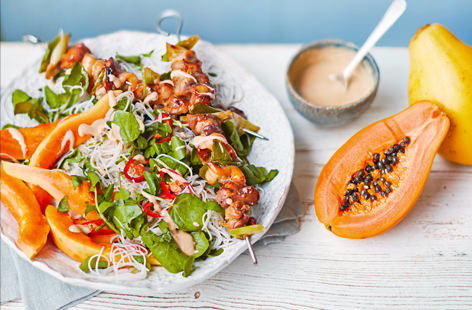 This Indonensian-inspired dish combines all our favourite things; a fragrant marinade, grilled caramelised chicken and a herbaceous papaya salad