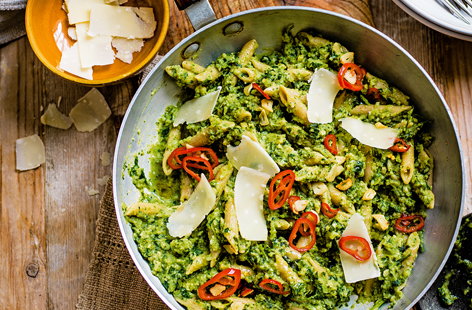 Broccoli pesto penne with chilli and garlic sizzle