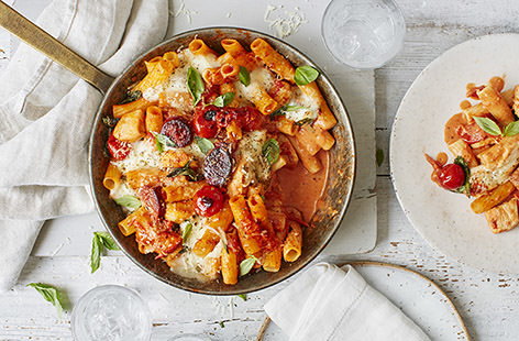 Rustle up this comforting pasta bake for a flavour-packed midweek meal. Featuring chunks of smoky chorizo, a fragrant tomato sauce and gooey cheese, it is perfect for cosying up with on cooler nights