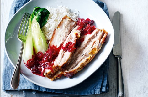 Roast pork belly with spiced plum sauce