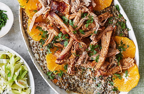 Pulled pork with mustard lentils