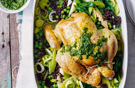 Pot-roast chicken with lentils and spinach pistou