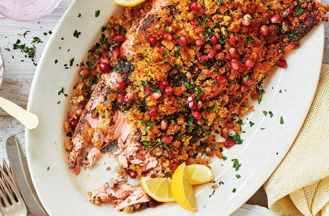 Spice-crusted salmon with parsley and pomegranate dressing