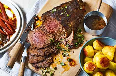 Slow-roasted beef with mustard potatoes 