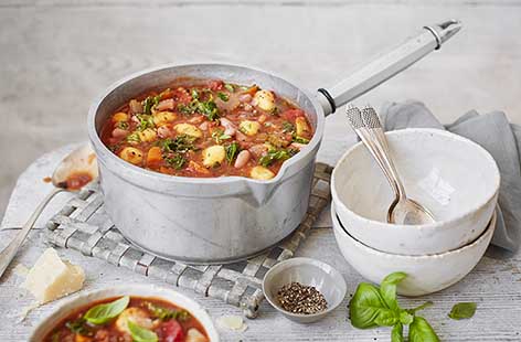 Tuck into a warm bowl of minestrone soup as the nights get cooler. Loaded with veggies, cannellini beans, pillowy gnocchi and a hearty glug of red wine, it is the perfect comfort food to rustle up midweek.