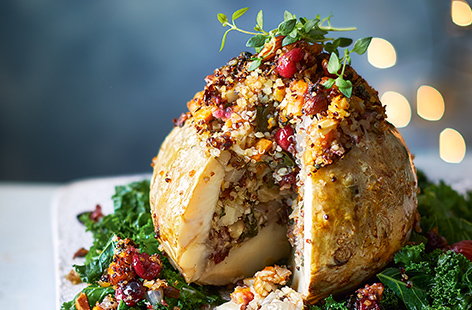 Stuffed celeriac with parsnip cream