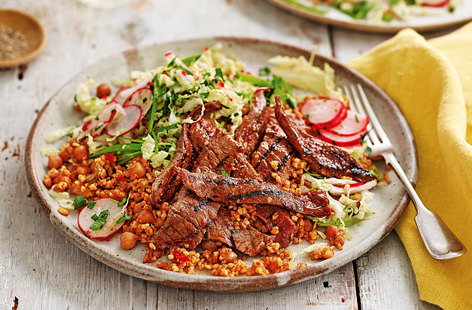 Marinated in massaman curry paste and served with a chilli-spiked slaw of Chinese leaf, mangetout and radishes, these Thai-inspired steaks make for one flavour-packed supper