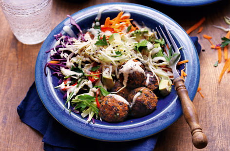 Discover Middle Eastern flavours with our rainbow salad and falafel recipe, made using black beans and sweet potato.