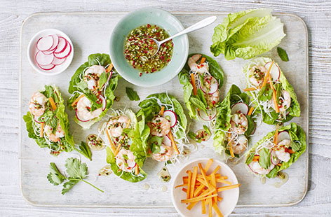 Vibrant and crunchy, these Vietnamese lettuce cups are filled to the brim with rice noodles, fragrant herbs and juicy prawns, and a tangy chilli-spiked dressing brings everything together beautifully