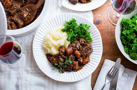 This classic French dish from the region of Burgundy is traditionally made with a full-bodied Burgundy wine. The meat cooks slowly in a mix of wine and beef stock, which is reduced to a lovely, thick sauce