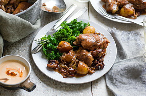 Slow-cookers are game changers; especially for the home cook with a full-time job. This sweetly-spiced chicken dish takes cues from Persian flavours, studded with walnuts and dates and served with a Harissa yogurt. 