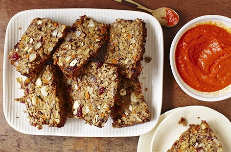 Flavoured with aromatic ras el hanout paste and served with a rich tomato sauce, this nut roast is the perfect vegetarian alternative roast recipe