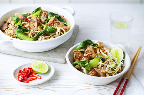 This classic Chinese recipe is super speedy and simply involves stir-frying chicken, shiitake mushrooms, pak choi and satisfyingly thick, stodgy udon noodles. Cooking in a wok on a high heat gets tender, soy-glazed ingredients singing with flavour