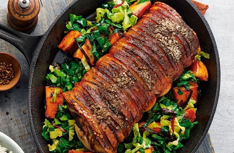 Spiced roast loin of pork with soy squash and greens