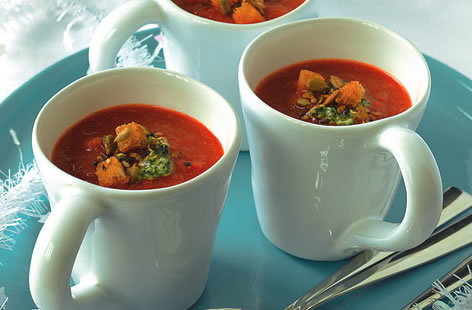 This spicy, warming soup is made with whizzed up roasted red peppers, garlic, tomatoes and chillis. Roasting the vegetables beforehand encourages them to give off gorgeous juices, packing this soup with smokey flavour.