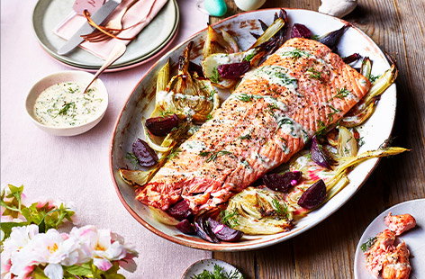 Tender roasted salmon, seasoned with fresh dill and creamed horseradish, is perfectly accompanied by the zesty presence of beetroot and fennel