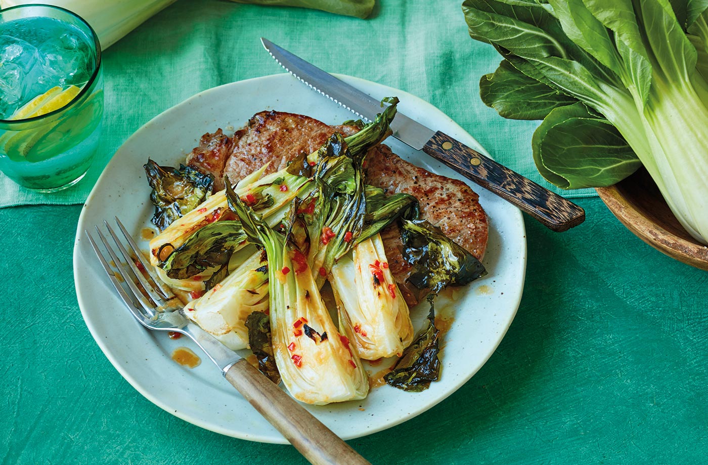 Steak with miso-roasted pak choi recipe