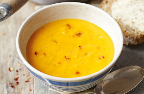 This delicious sweet potato and chilli soup is smooth, spicy and comforting. Fresh lime juice and zest is added just before serving, lifting the flavours to new heights. Serve with warm crusty bread.